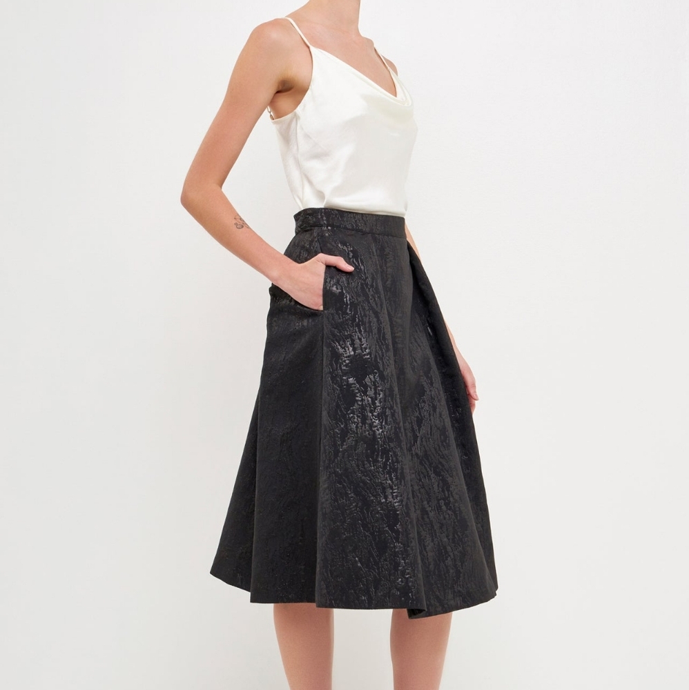 Endless Rose Shimmering Black Metallic Jacquard Flare Midi Skirt Size Medium